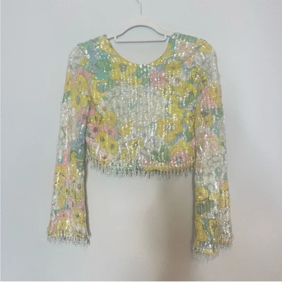 ASOS EDITION pastel floral print and sequin long sleeve top with fringe - Picture 12 of 13